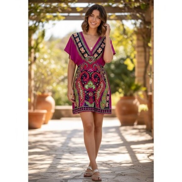 Vintage 90s Angie Multicolored Print Boho Rayon Casual Summer Mini Dress Tunic - Picture 13 of 16